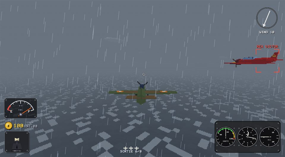 Flying through a rainstorm with an enemy ace's red plane on the radar, cockpit gauges along the bottom