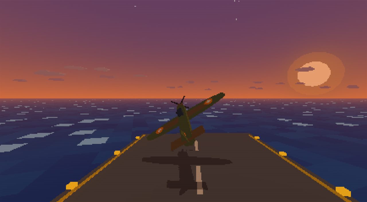 A green propeller plane climbing off the end of a carrier deck into an orange sunset over the sea