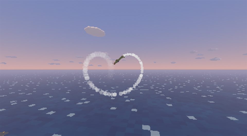A plane drawing a heart in white smoke over the sea at dawn