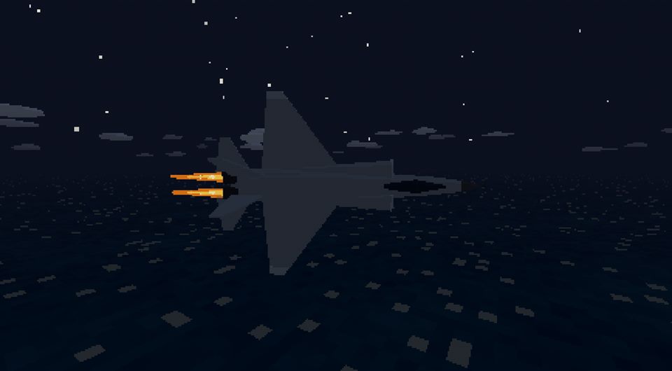 A jet flying on its side with afterburners lit under a starry night sky