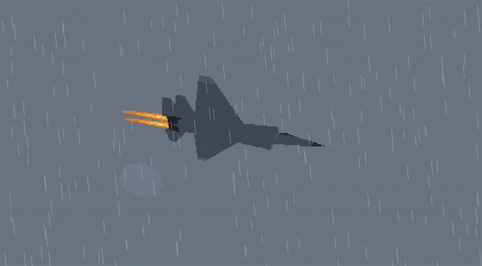 A grey jet punching its afterburner through heavy rain