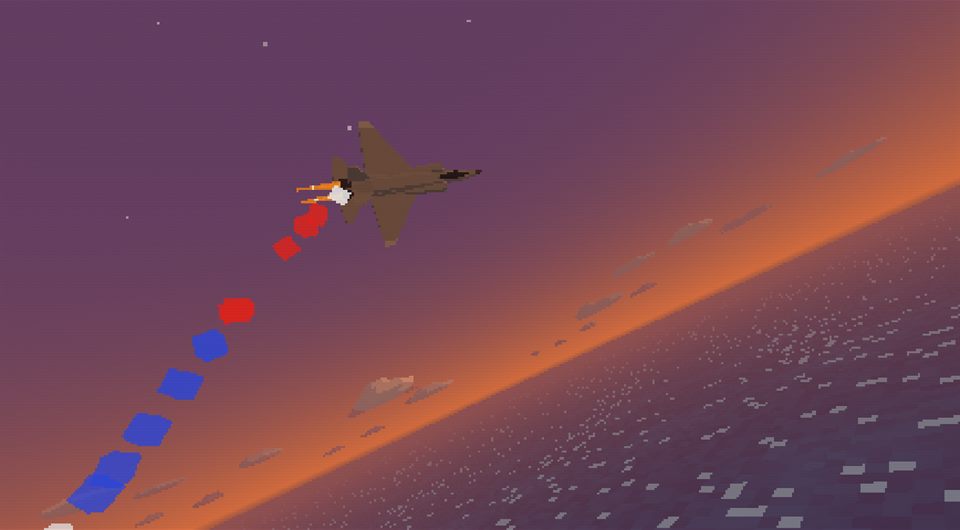 A jet spiralling up at sunset trailing red and blue smoke