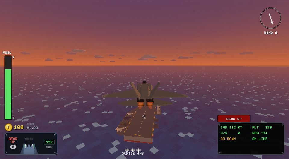 Lining up a jet on a carrier at sunset with the fuel gauge and landing readouts showing