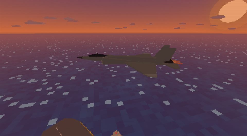 A jet cruising low over the sea at sunset